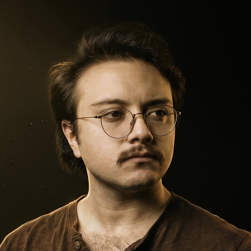 Retrato de AKHAN, ingeniero en computación e investigador, iluminado con luz cálida sobre fondo oscuro.
