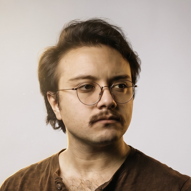 Retrato de AKHAN, ingeniero en computación e investigador, iluminado con luz cálida sobre fondo oscuro.