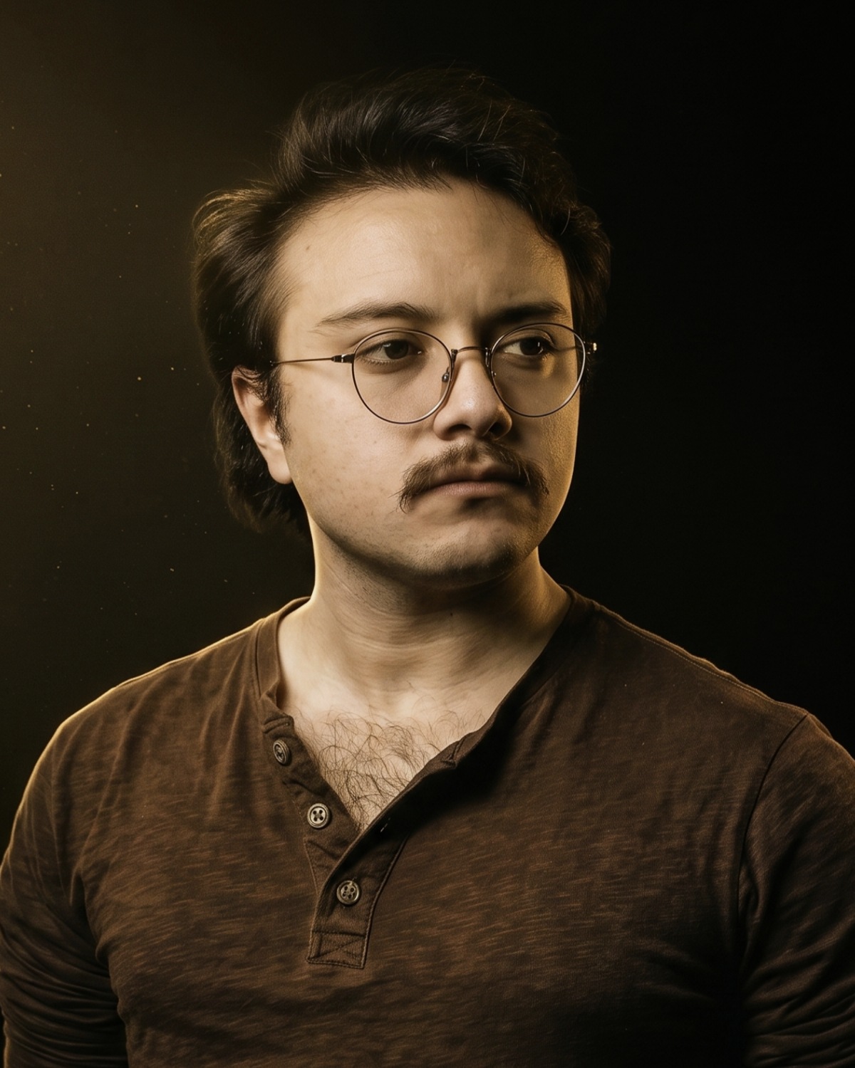 Retrato de AKHAN, ingeniero en computación e investigador, iluminado con luz cálida sobre fondo oscuro.