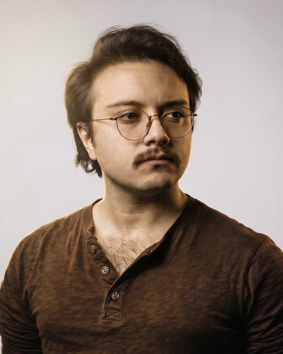 Retrato de AKHAN, ingeniero en computación e investigador, iluminado con luz cálida sobre fondo oscuro.